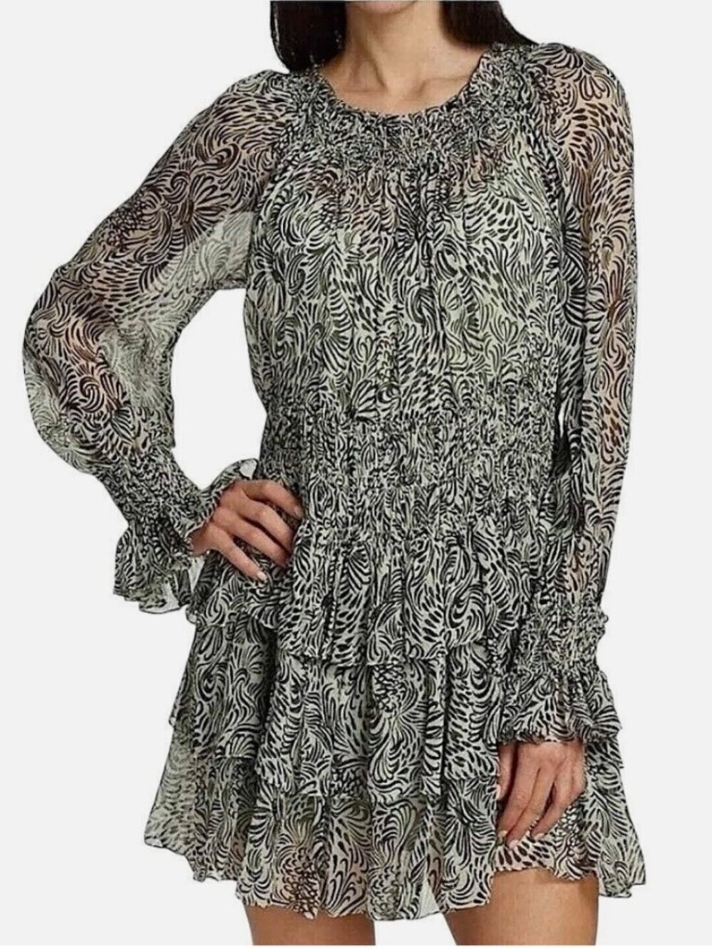 CINQ A SEPT Janelle Smocked Tiered Ruffle Swirl Print Dress